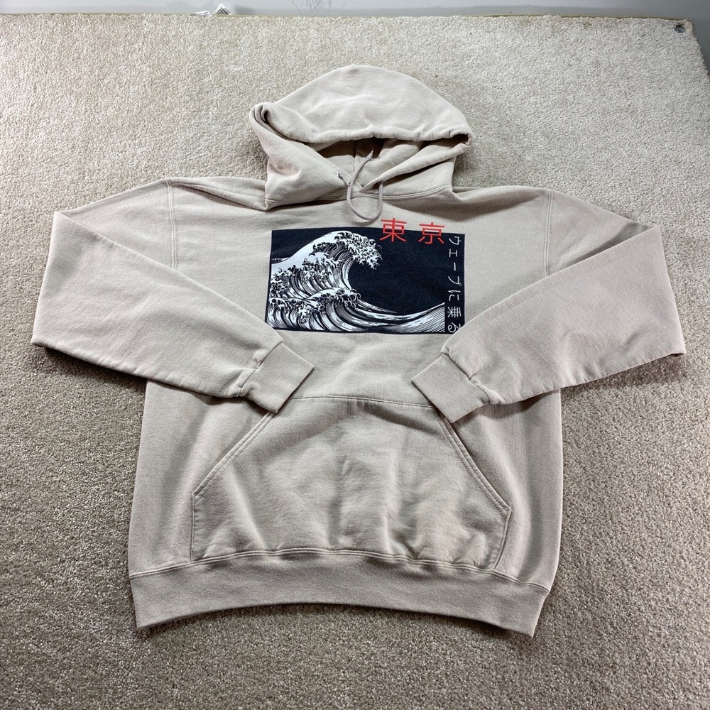 Artist Union Hoodie Mens Size Medium Tan Great Wave‎ Tokyo Graphic Sweatshirt